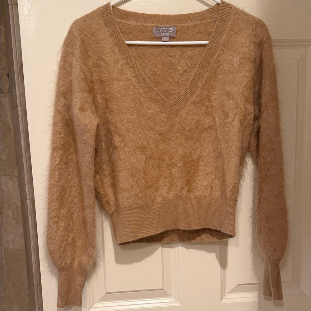 J. Crew Fuzzy V-Neck Sweater in Camel Tan